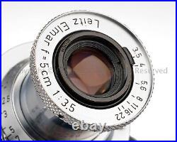 Leica Leitz ELMAR 50mm f3.5 50/3.5 Yr. 1952 RED SCALE LTM Mount Lens + Caps Hood