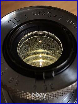 Leica Leitz ELMAR 50mm f3.5 50/3.5 Yr. 1952 RED SCALE LTM Mount Lens + Caps Hood